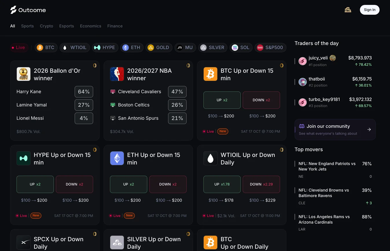 outcome.xyz - sports, crypto and up-or-down markets side by side